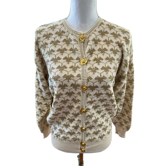 Vintage Dia North of Boston Metallic Gold & Cream Cardigan Sweater - Picture 1 of 11